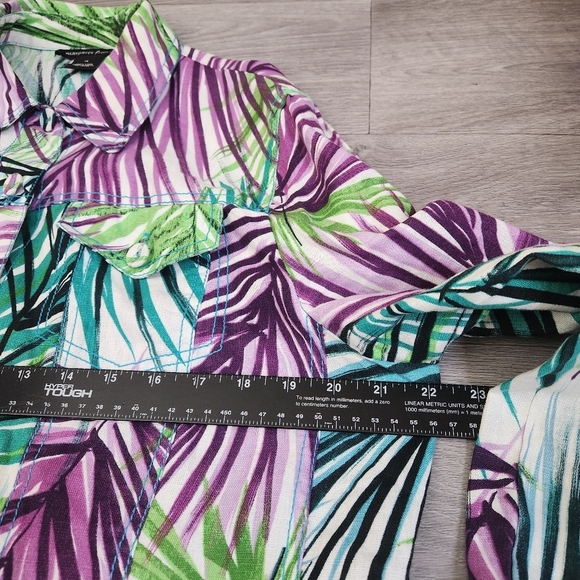 Margaret Frances Floral Top Jacket Size 14 Linen Button Purple‎ Lime Teal Tones - Picture 5 of 11